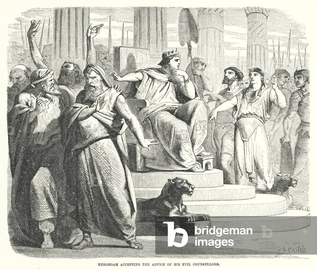 Rehoboam accepting the Advice of his Evil Counsellors (engraving)