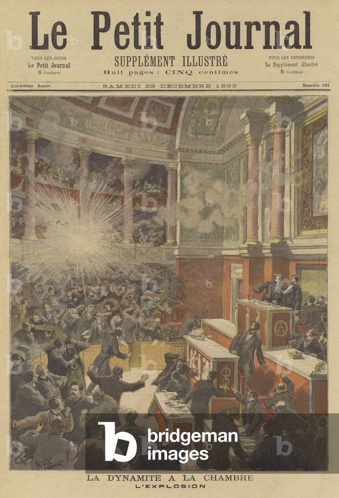 Anarchist bomb attack on the French Chamber of Deputies (colour litho)