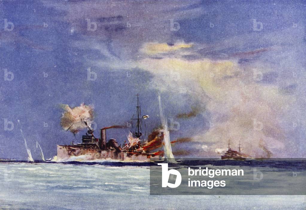 HMAS Sydney, commanded by Captain John Glossop, attacking the German cruiser Emden, Battle of Cocos, 9 November 1914 (colour litho)