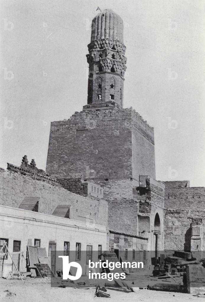Egypt: Minaret of the Mosque El-Hakim (b/w photo)