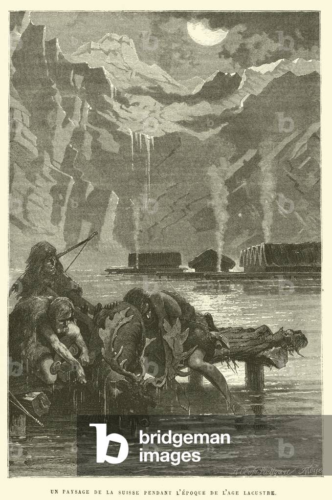 Un paysage de la Suisse pendant l'epoque de l'age lacustre (engraving)