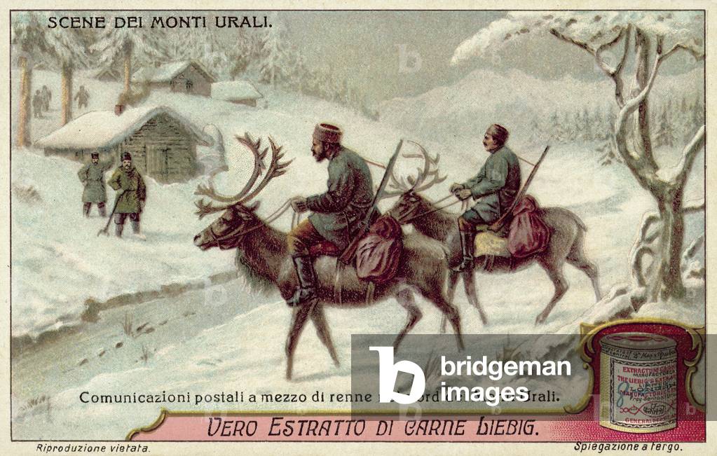 Postal service using reindeer in the northern Urals (chromolitho)
