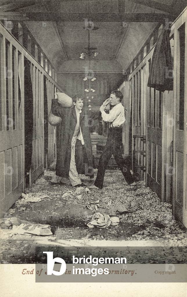 End of term in college dormitory (b/w photo)