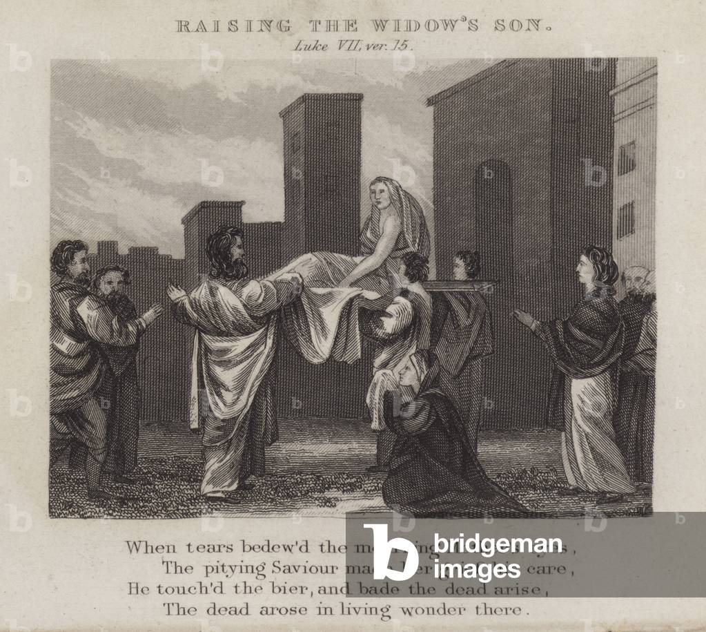 Raising the widow's son, Luke VII, ver 15 (engraving)
