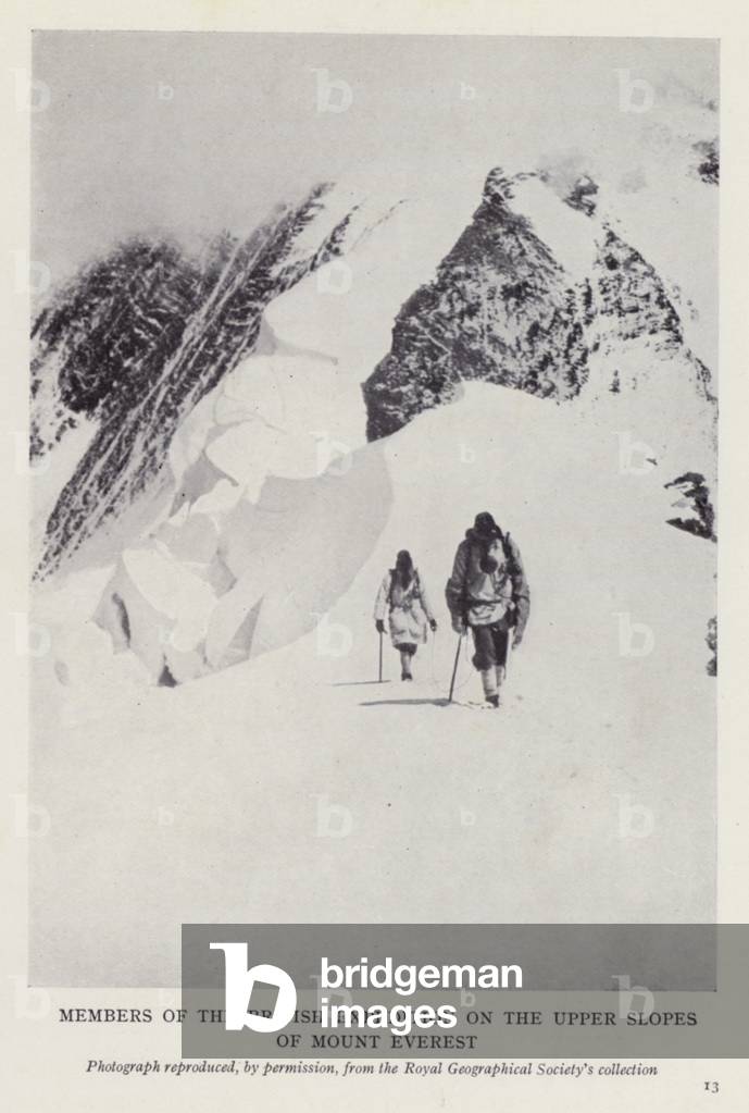 Members of the British expedition on the upper slopes of Mount Everest (b/w photo)