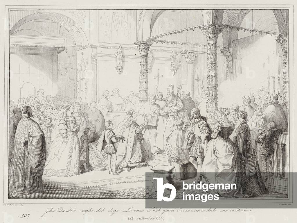 Zilia Dandolo moglie del doge Lorenzo Priuli, giura l'osservanza delle sue costituzioni, 1557 (engraving)