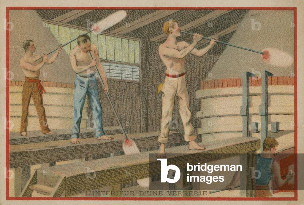 Trade card with an image of the interior of a glassworks (chromolitho)