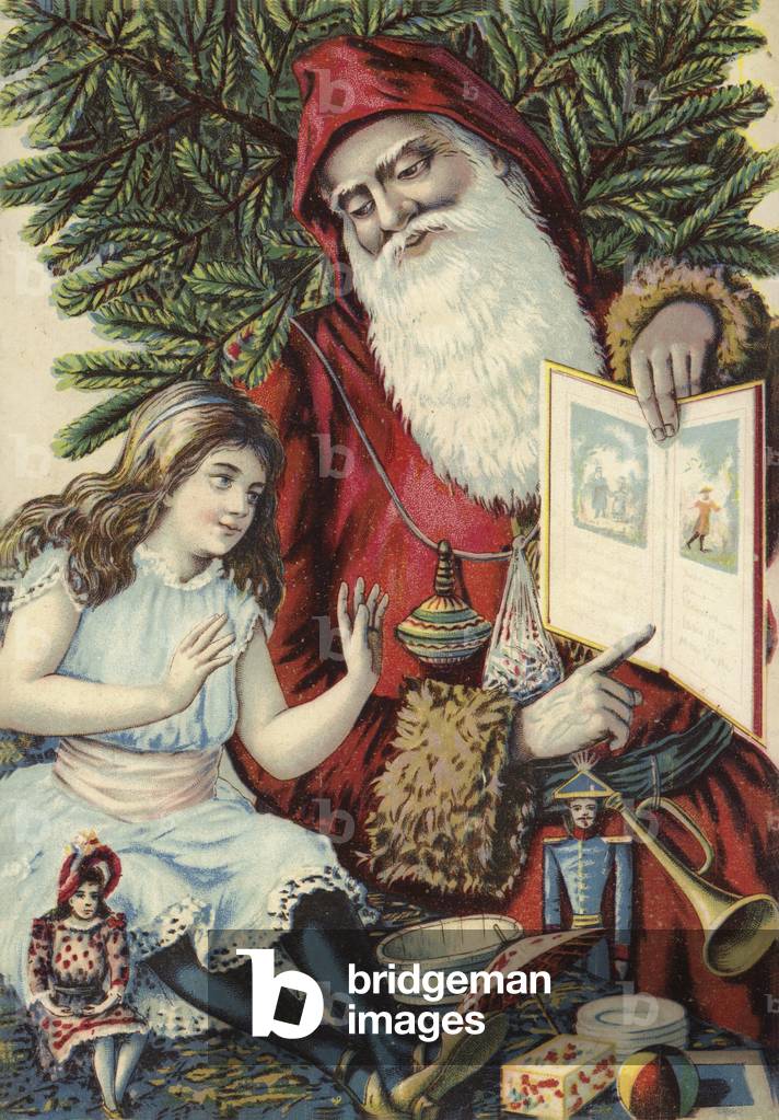 Girl being shown illustrated book by Father Christmas (chromolitho)