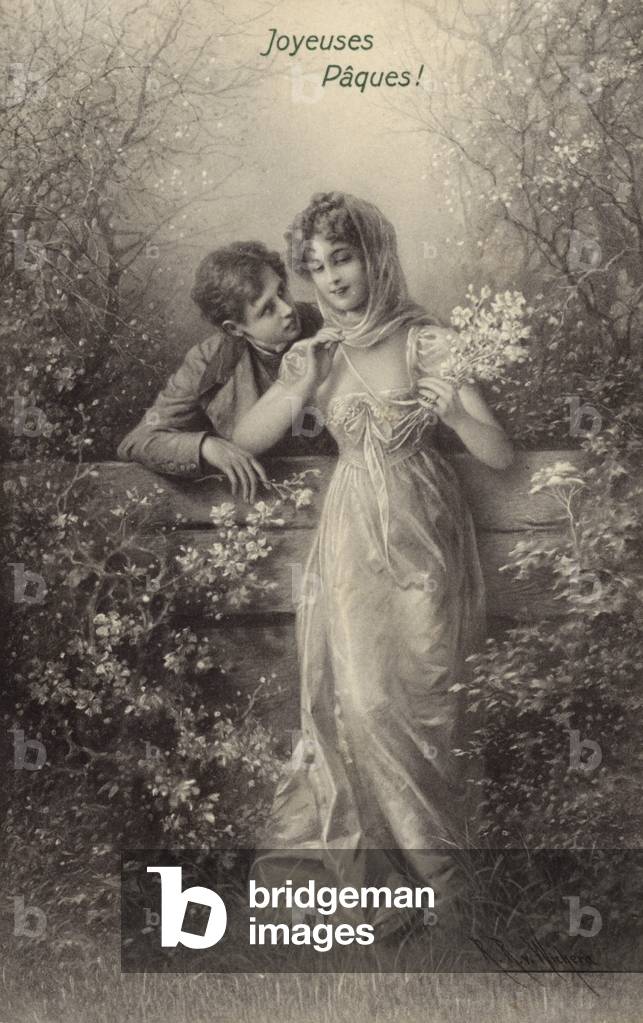 Couple leaning on a fence (colour litho)