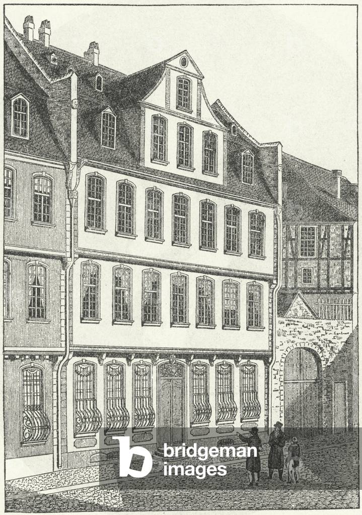 Birthplace of German writer and statesman, Johann Wolfgang von Goethe, Frankfurt, Germany (engraving)