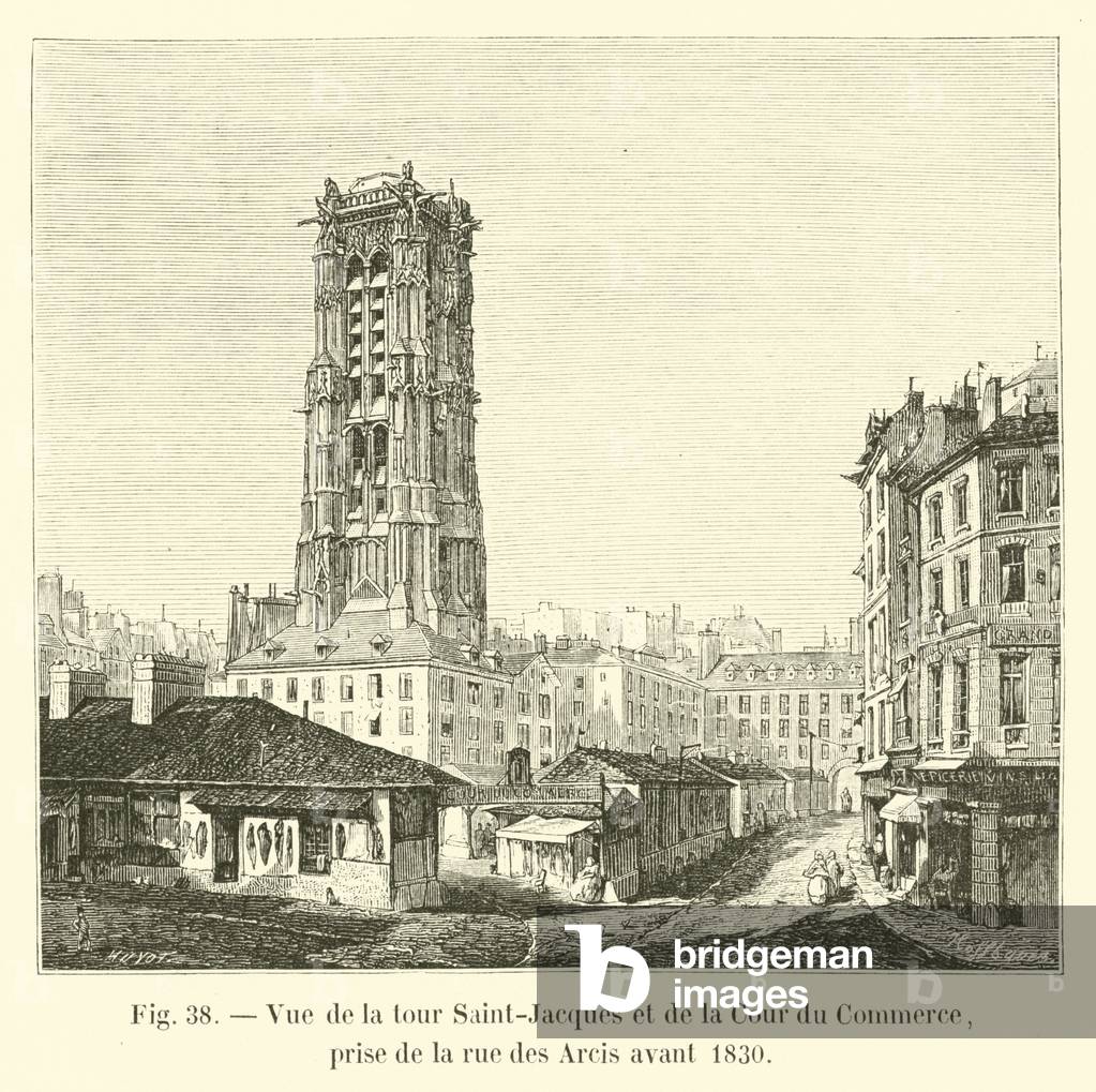 Vue de la tour Saint-Jacques et de la Cour du Commerce, prise de la rue des Arcis avant 1830 (engraving)