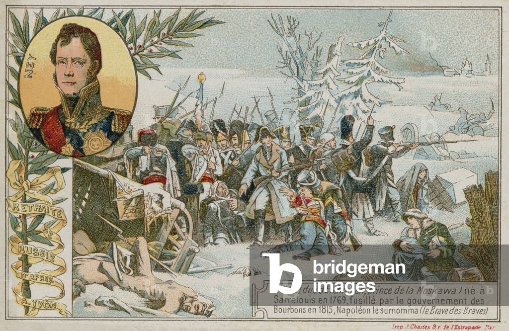 Trade card with an image depicting the retreat from Russia (chromolitho)