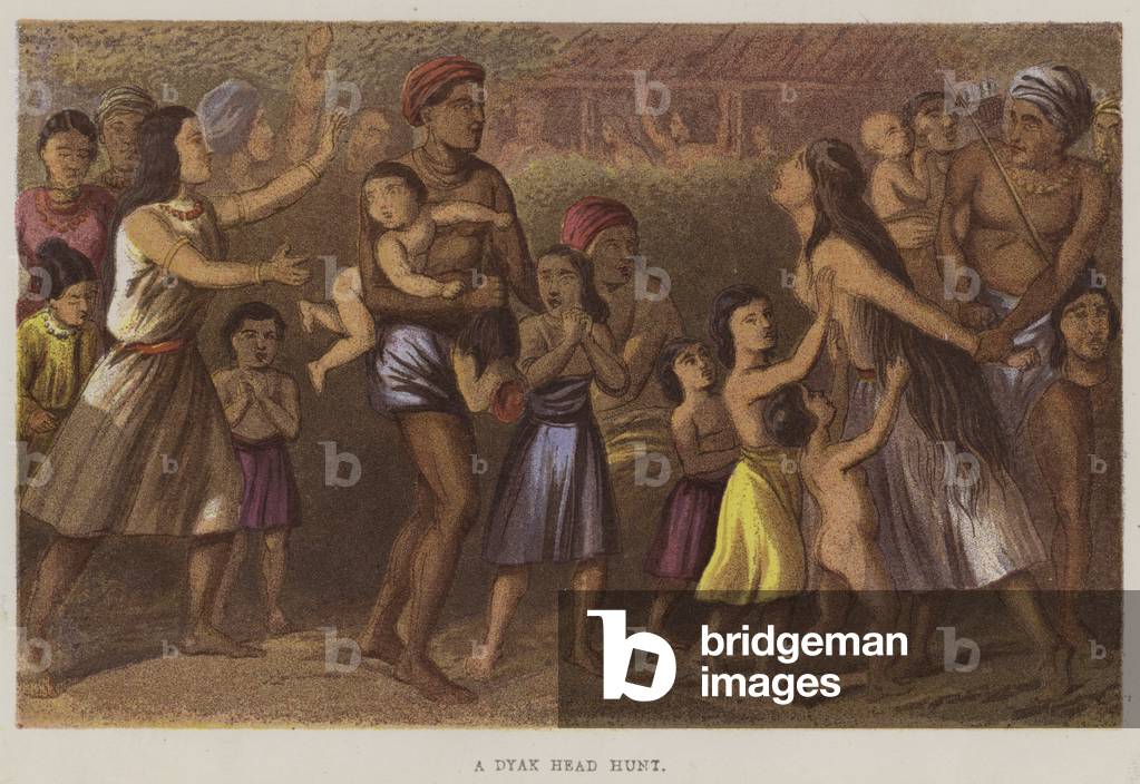 A Dyak head hunt (colour litho)