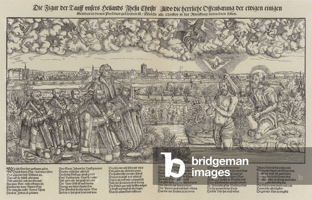 Frederick III, Elector of Saxony and Martin Luther witnessing the baptism of Christ (engraving;)