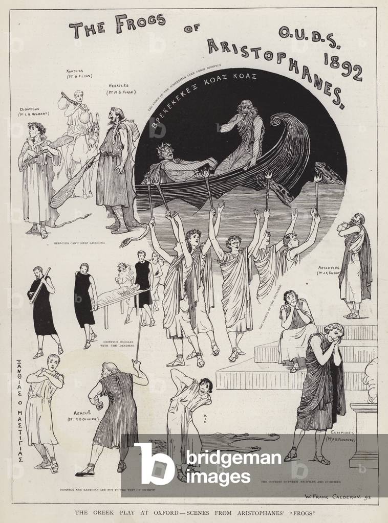 Scenes from a production of Aristophanes' play The Frogs, by the Oxford University Dramatic Society, 1892 (litho)