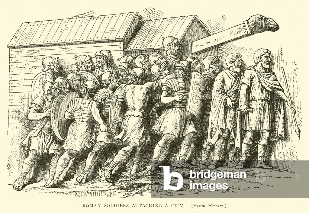 Roman soldiers attacking a city (engraving)