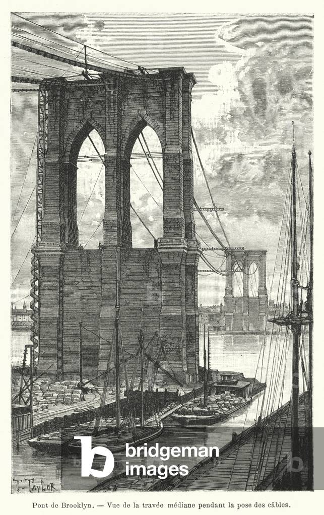 Pont de Brooklyn, Vue de la travee mediane pendant la pose des cables (engraving)