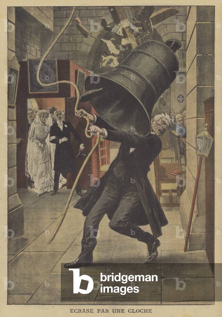 A bell ringer crushed by a church bell (colour litho)