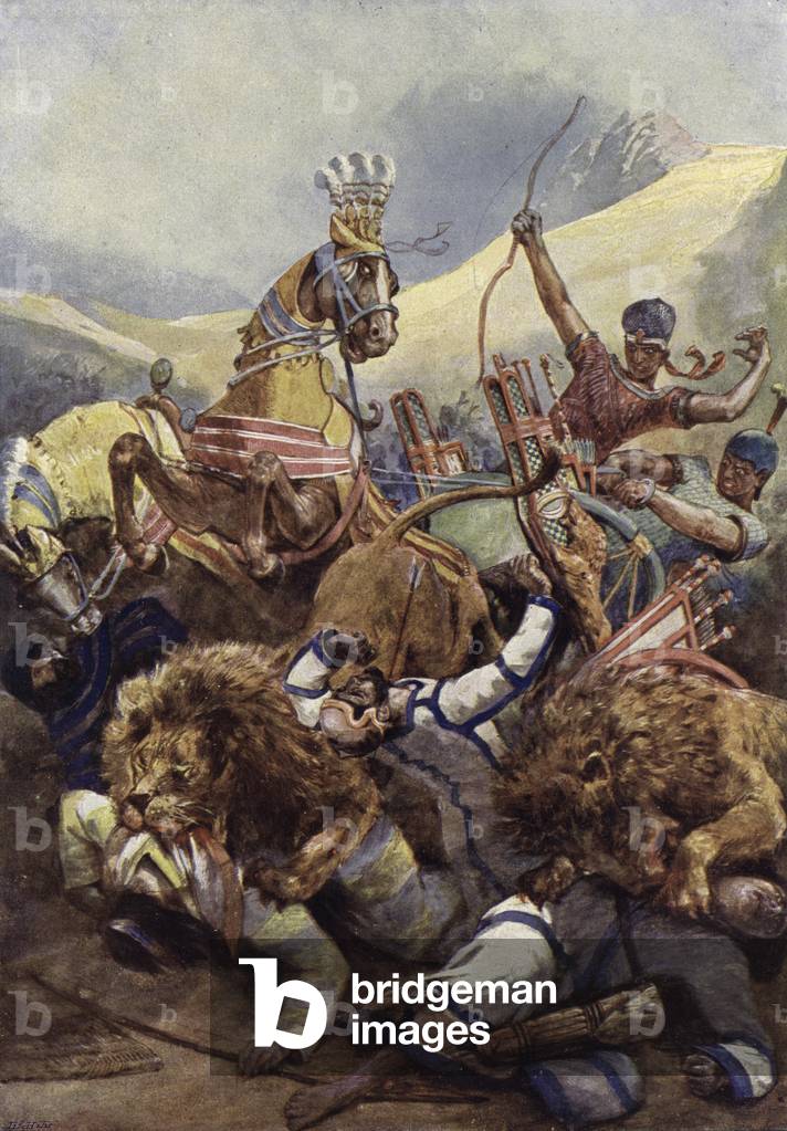 Rameses the Great of Egypt fighting the Hittites at the Battle of Kadesh, 1274 BC (colour litho)