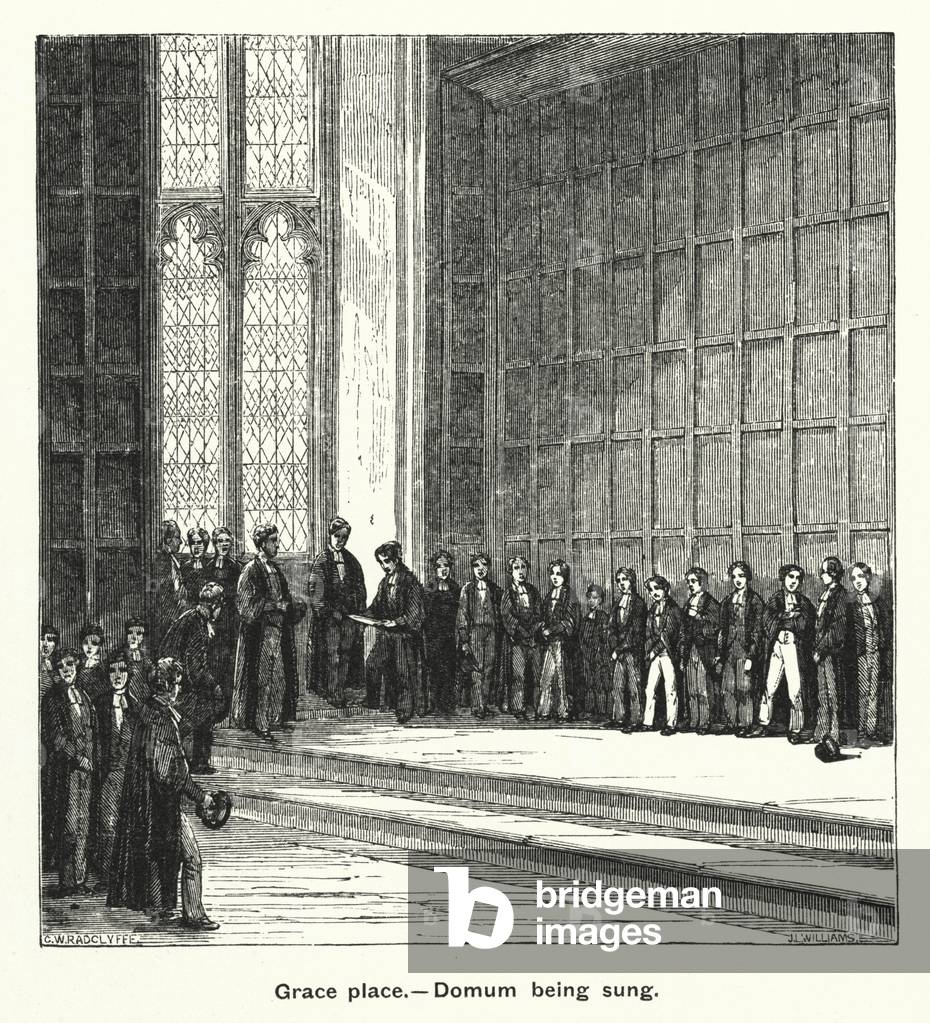 Winchester College: Grace place, Domum being sung (engraving)