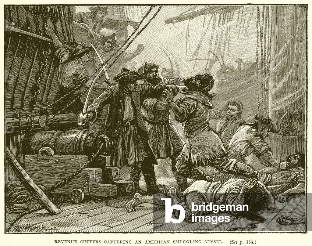 Revenue Cutters capturing an American Smuggling Vessel (engraving)