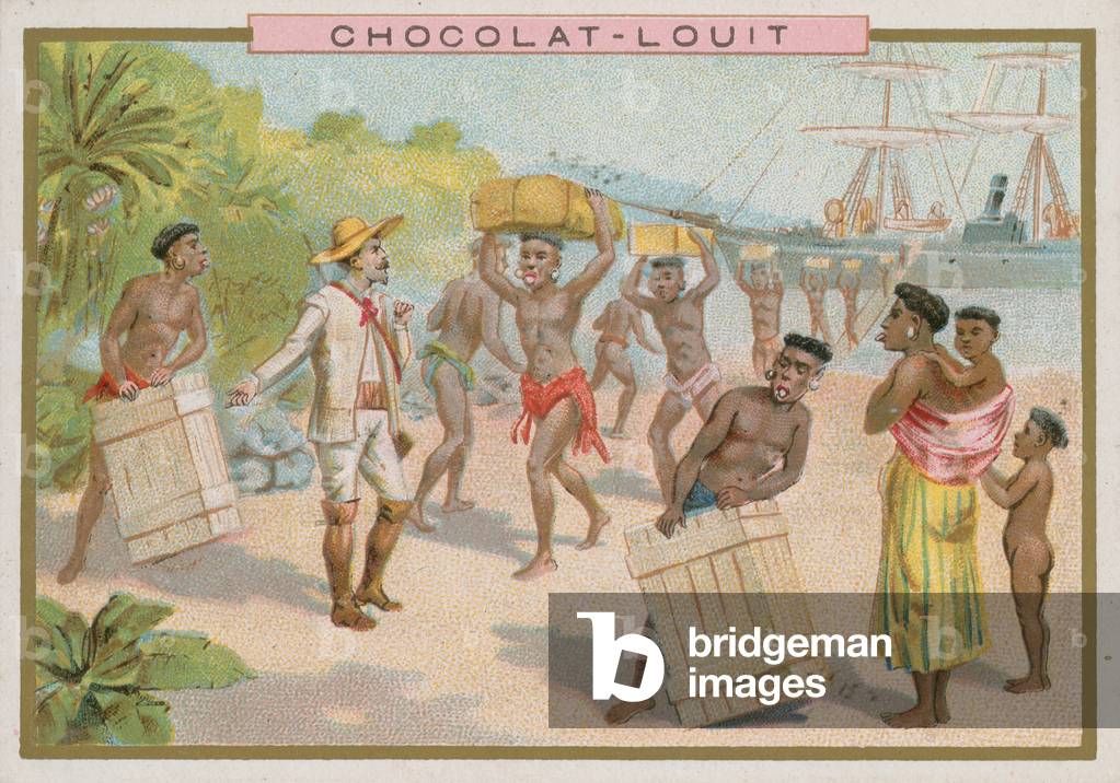 Unloading cargo from a ship (chromolitho)