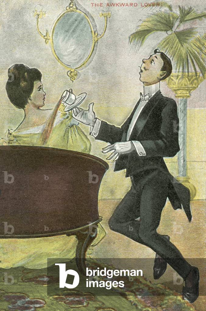 The awkward lover, dropping tea in the lap of his girl (colour litho)
