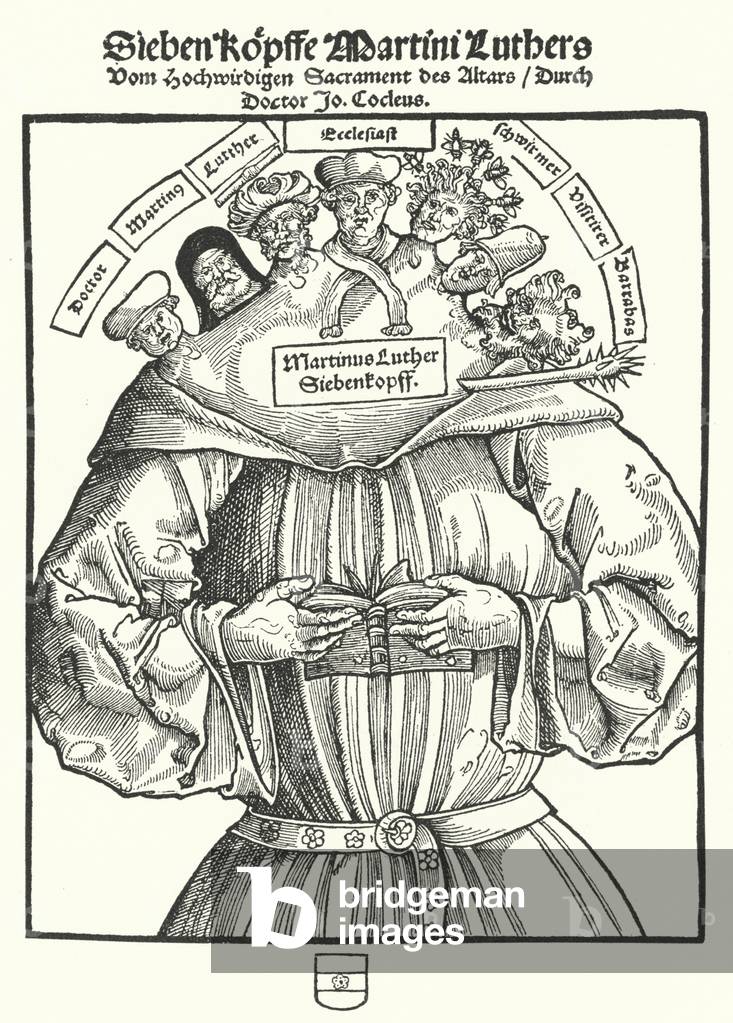 Tiitle page of the pamphlet The Seven Heads of Martin Luther by Johannes Cochlaeus, 1529 (engraving)