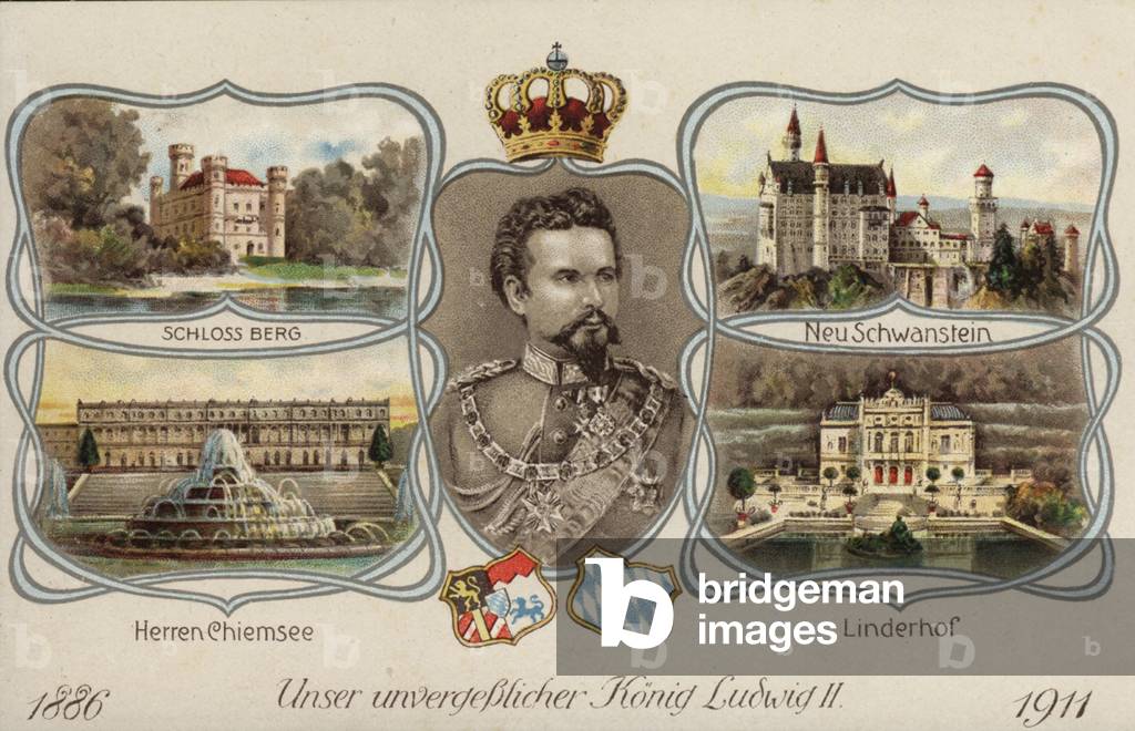 Ludwig II, King of Bavaria, and four of his castles (chromolitho)