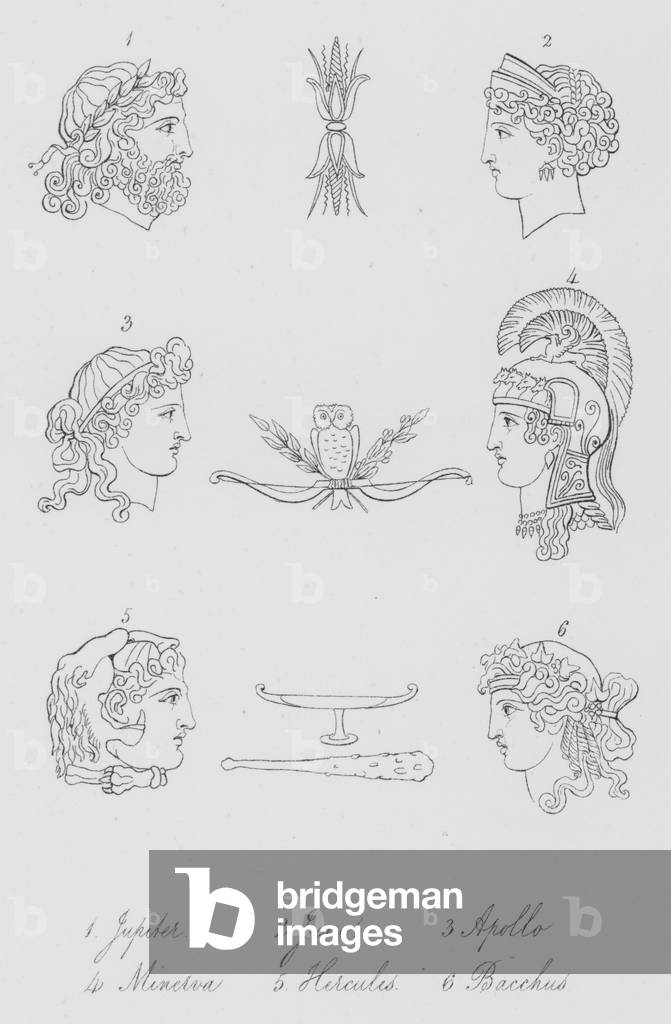 Jupiter, Juno, Apollo, Minerva, Hercules, Bacchus (engraving)