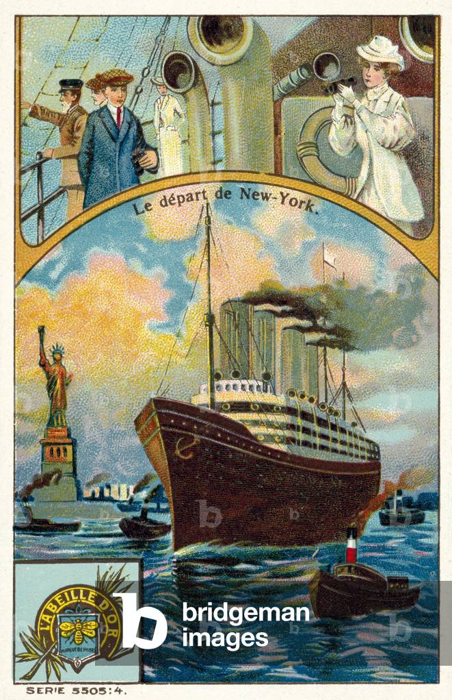 Ocean liner departing from New York (chromolitho)