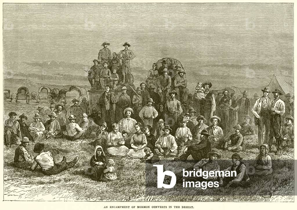 An encampment of Mormon converts in the desert (engraving)