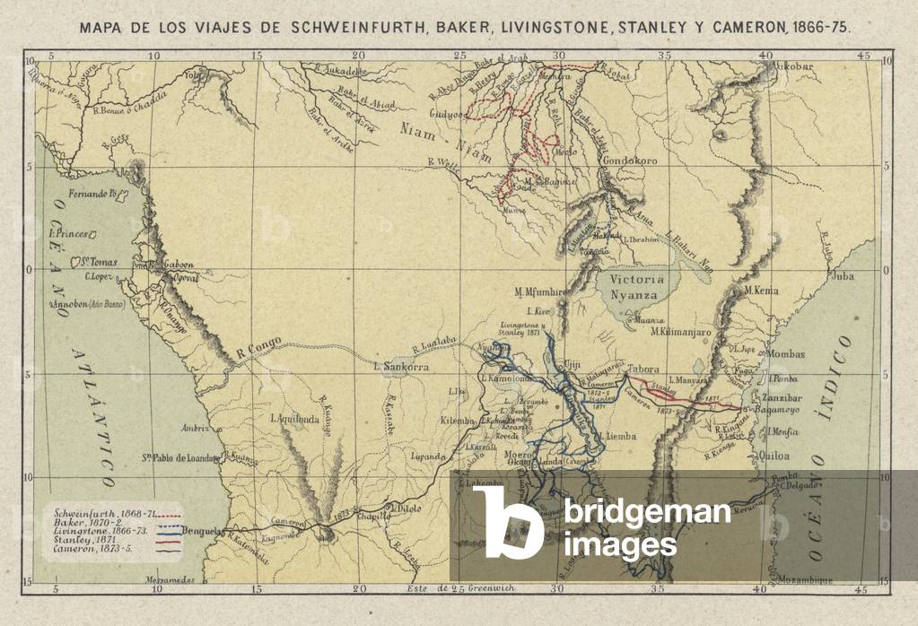 Map showing the journeys of the explorers Georg August Schweinfurth, Samuel Baker, David Livingstone, Henry Morton Stanley and Verney Lovett Cameron in Africa, 1866-1875 (colour litho)