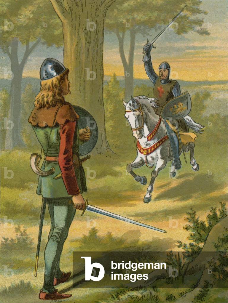 Robin Hood stops the knight in black armour (chromolitho)