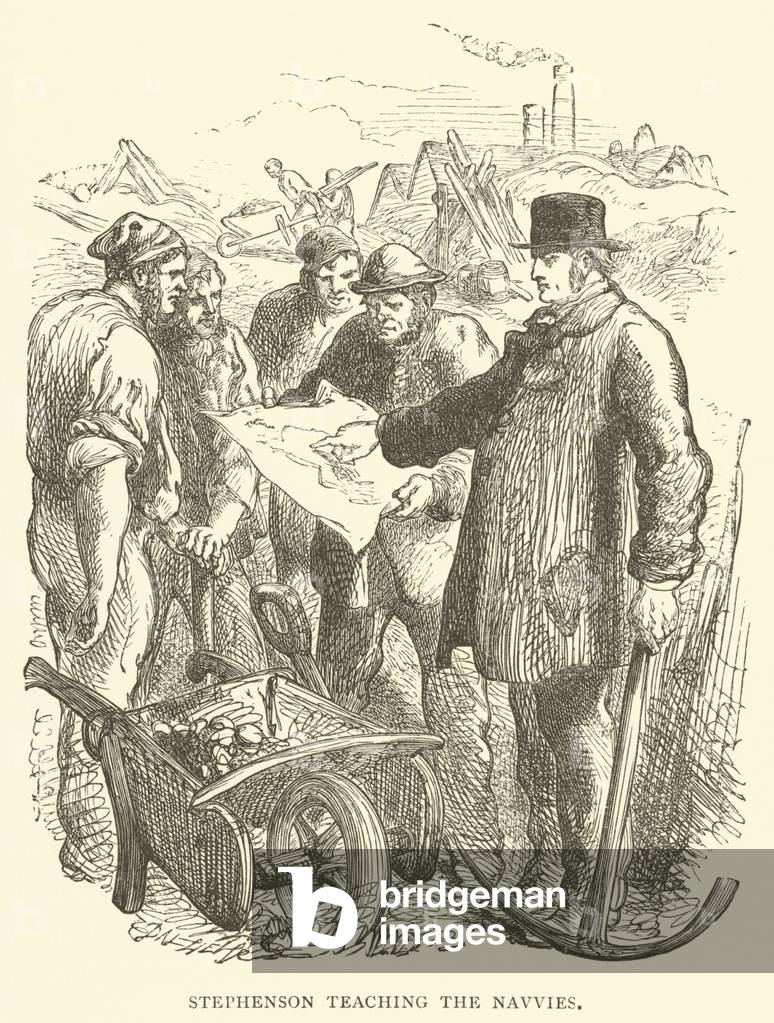 Stephenson teaching the navvies (engraving)