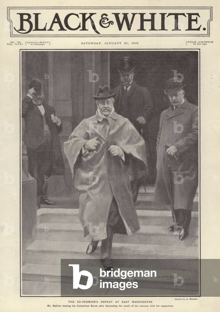 British Conservative politican and party leader Arthur Balfour leaving his consituency office in East Manchester after losing his seat in the 1906 General Election (litho)