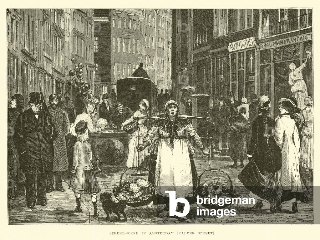 Street-scene in Amsterdam, Kalver Street (engraving)