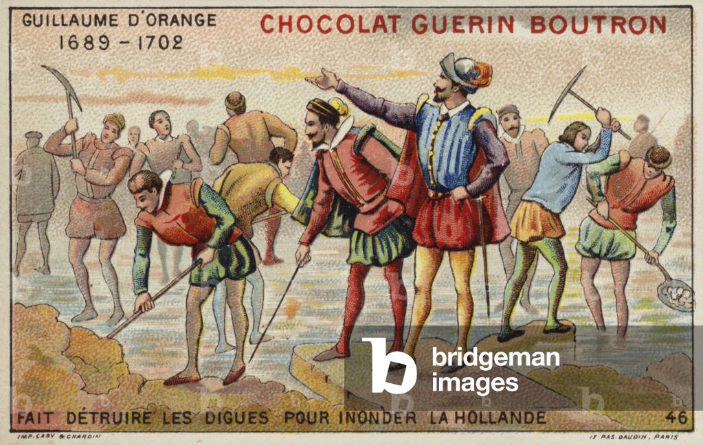 William of Orange destroying dikes to allow the flooding of Holland (chromolitho)