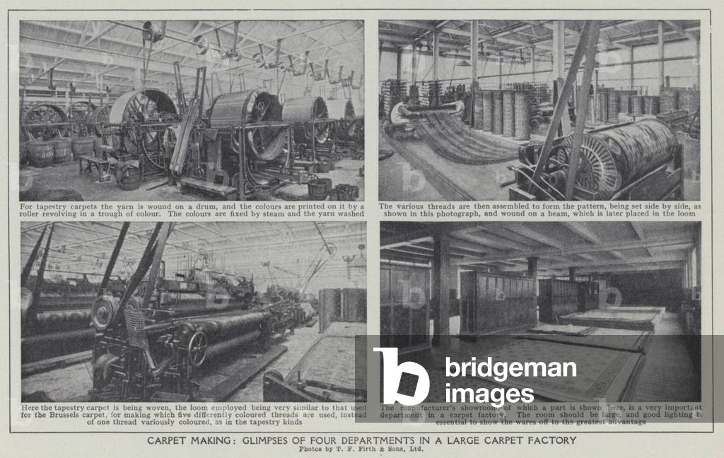 Carpet making, Glimpses of four departments in a large carpet factory (b/w photo)