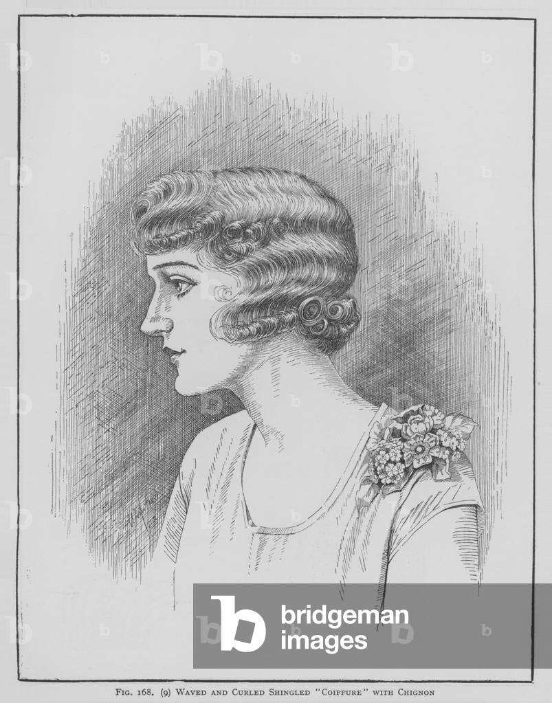 Waved and curled shingled Coiffure with chignon (litho)