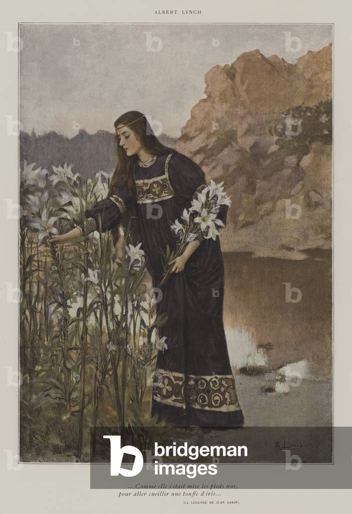 Comme elle s'est mise les pieds nus, pour aller cueillir une touffe d'iris. (La Legende de Juan Garin) (colour litho)