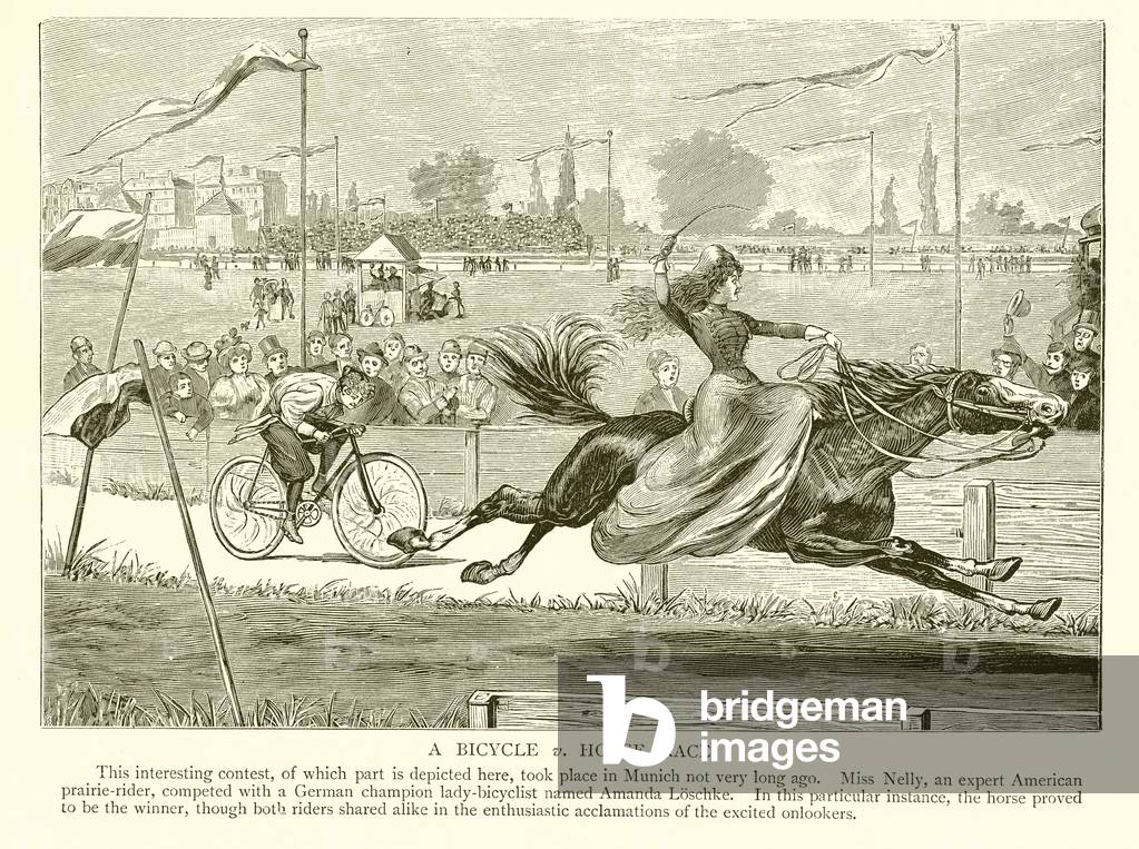A bicycle vs horse race (engraving)