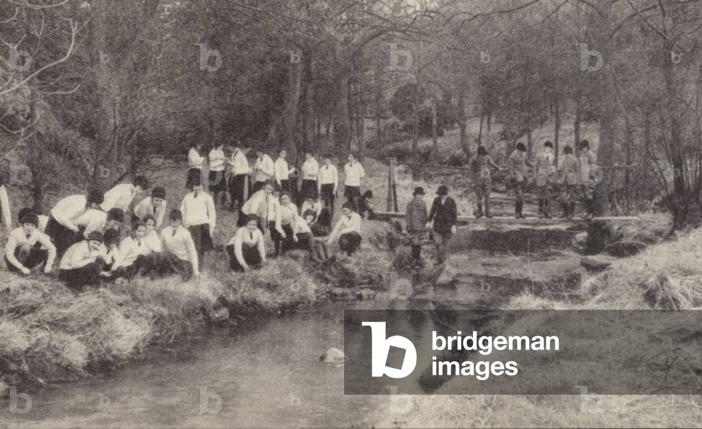 Girls in the grounds at Harrogate College, Yorkshire (b/w photo)