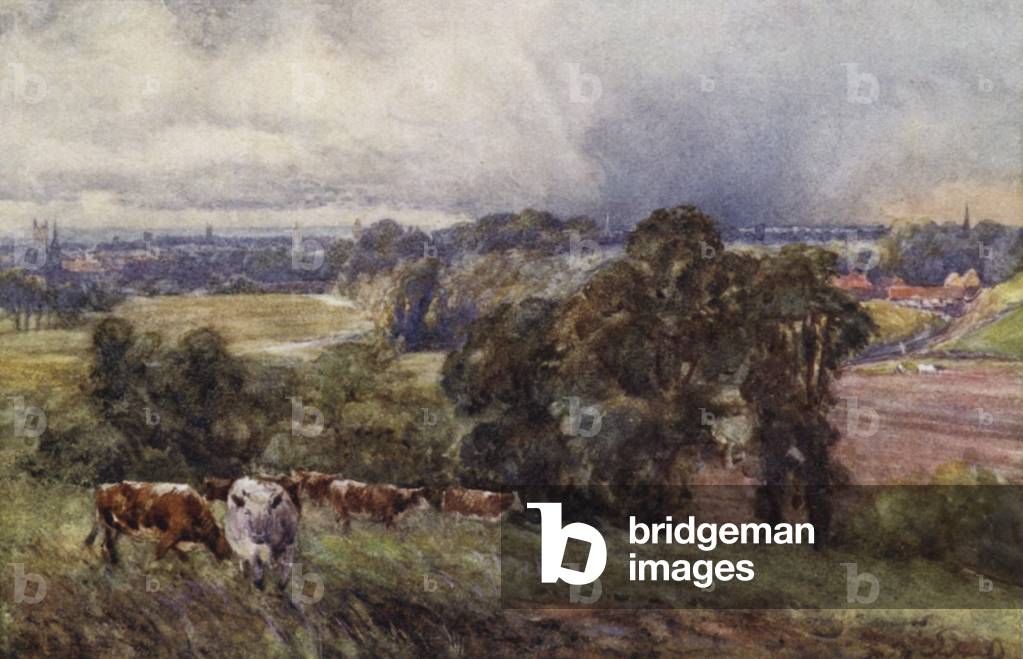 Leamington and Warwick from the Campion Hills (colour litho)