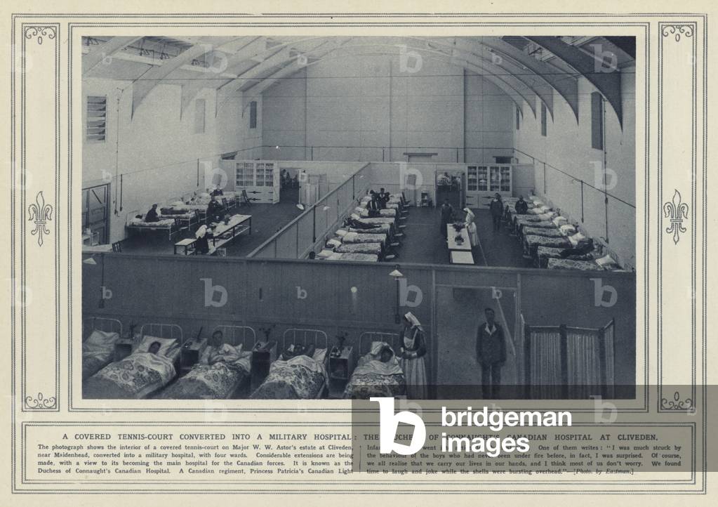 A covered tennis-court converted into a military hospital, the Duchess of Connaught's Canadian Hospital at Cliveden (b/w photo)