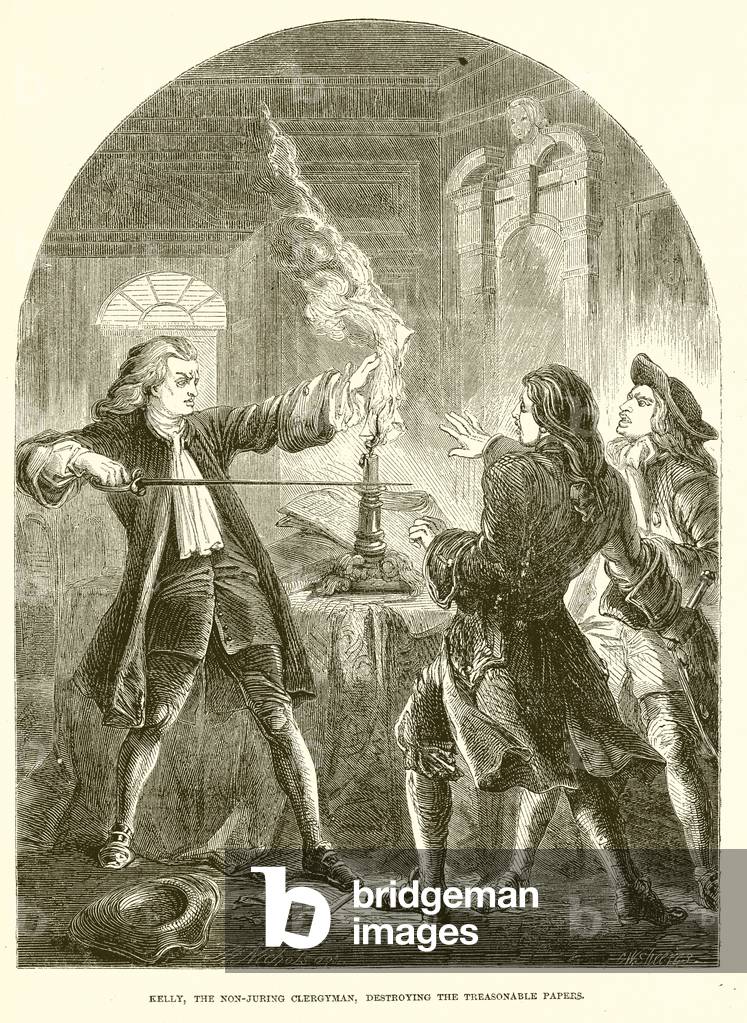 Kelly, the Non-Juring Clergyman, destroying the Treasonable Papers (engraving)