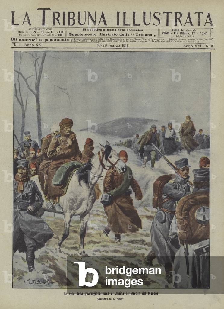 The surrender of the Turkish garrison of Ioannina to the Greek Army commanded by Crown Prince Constantine, First Balkan War (colour litho)