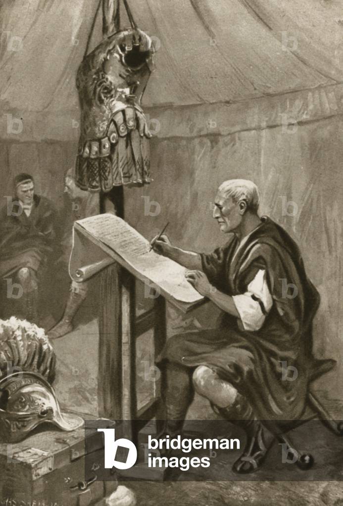 Julius Caear writing home a letter to Rome from his tent in Kent (litho)