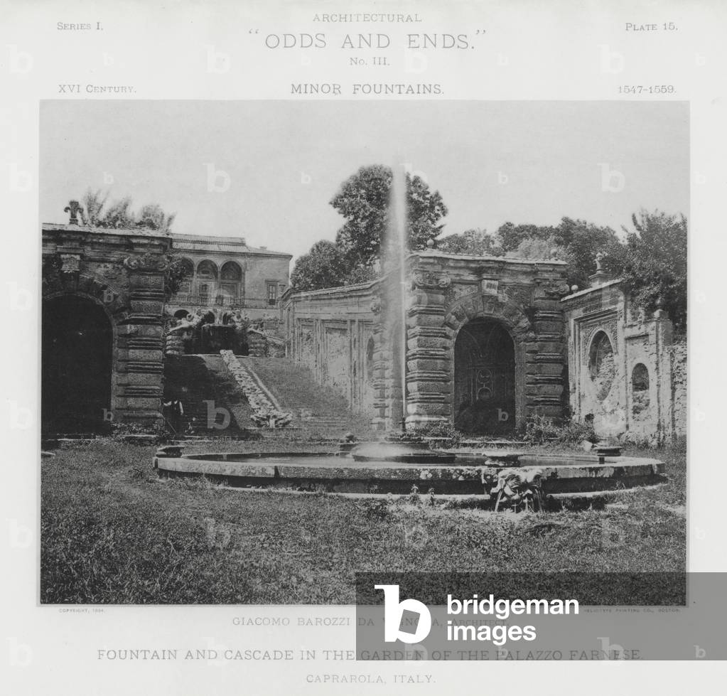 Fountain and Cascade in the Garden of the Palazzo Farnese, Caprarola, Italy (b/w photo)