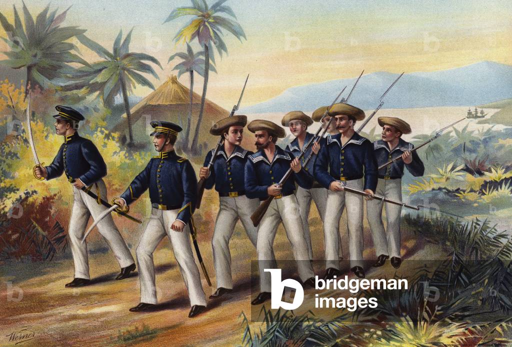 US Navy, Lieutenant, Midshipman and Armed Seamen, 1830 (colour litho)